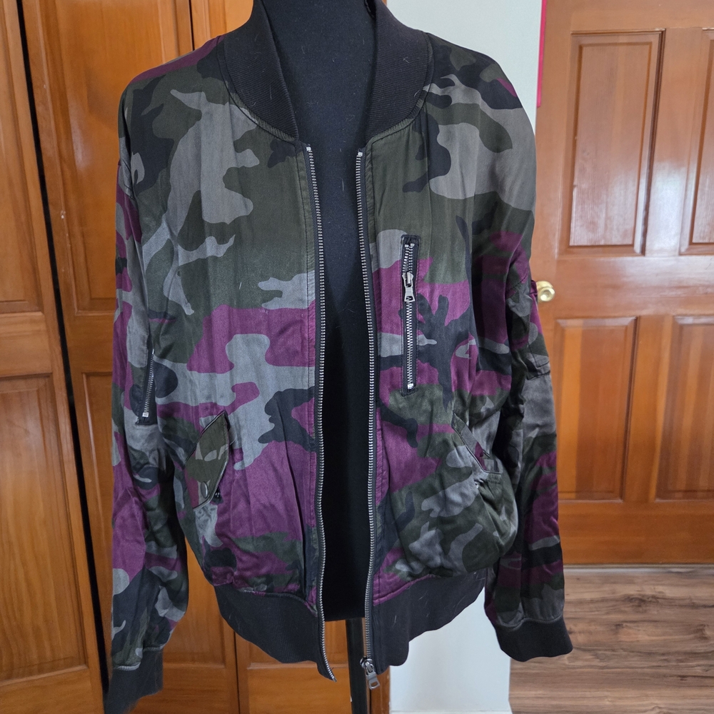 Silk Camo Bomber Jacket in Olive, Black & Plum